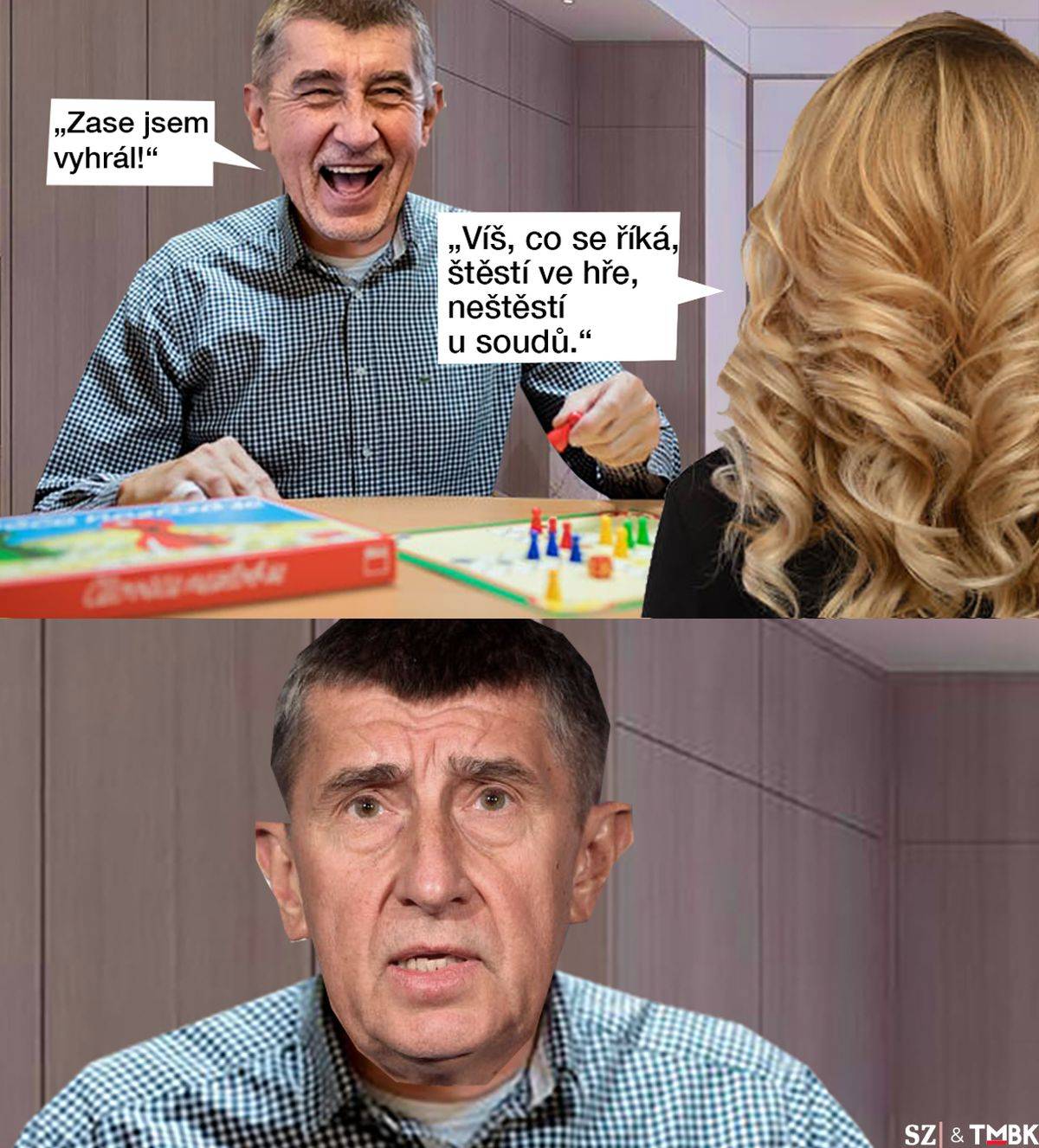Andrej Babiš měl v týdnu napilno. Vrchní soud zřejmě zrušil zporšťující verdikt v kauze Čapí hnízdo a Nejvyšší soud mu přikázal omluvit se rivalovi Kalouskovi. Co na to jeho choť Monika? Další koláž TMBK pro Seznam Zprávy.