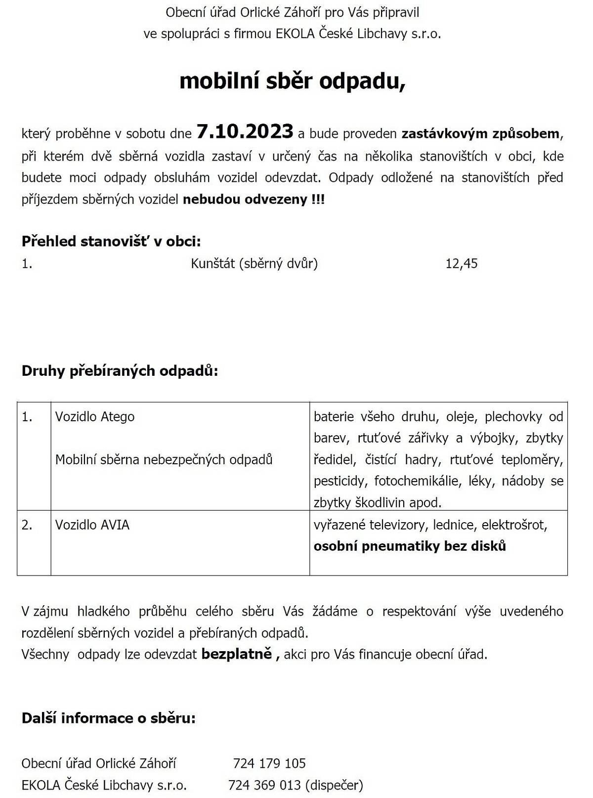 Mobilní svoz odpadu v Orlickém Záhoří 7.10.2023