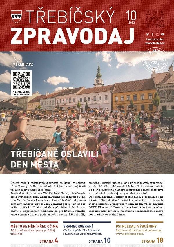 Přinášíme vám říjnové číslo Třebíčského zpravodaje. V listovací elektronické podobě zpravodaje najdete různé grafické ikony, díky kterým se dostanete na televizní reportáže, fotogalerie, úplné zobrazení článků na webu a další. Ve zpravodaji se dá lehce vyhledávat a hlavně, máte jej kdykoli u sebe. Přečtěte si, co je u nás nového.