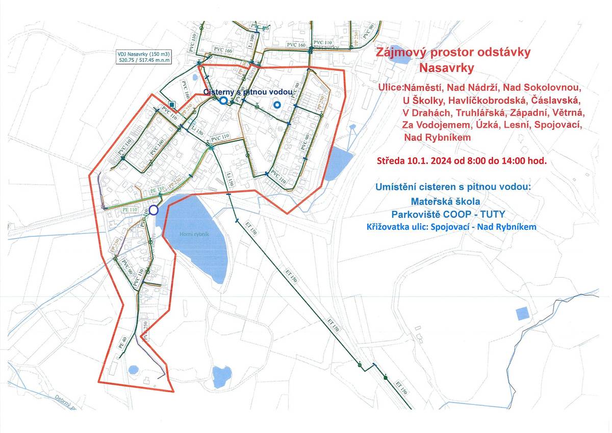 Vážení spoluobčané, oznamujeme vám, že 10. ledna 2024 od 8:00 do 16:00 dojde k přerušení dodávky vody v horní části Nasavrk. Bližší informace v přiloženém dopise a zákres na mapce.
Děkujeme za pochopení.
