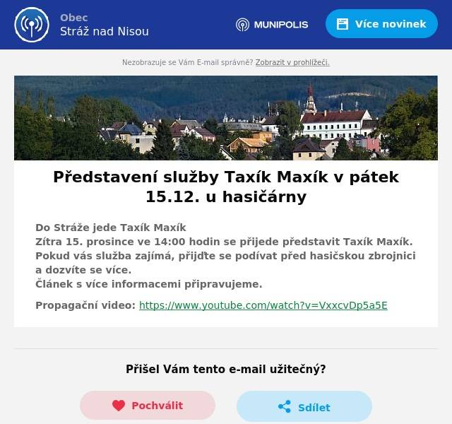 Do Stráže jede Taxík Maxík 🚕Zítra 15. prosince ve 14:00 hodin se přijede představit Taxík Maxík. Pokud vás služba zajímá, přijďte se podívat před hasičskou zbrojnici a dozvíte se více. Článek s více informacemi připravujeme.
Propagační video: https://www.youtube.com/watch?v=VxxcvDp5a5E