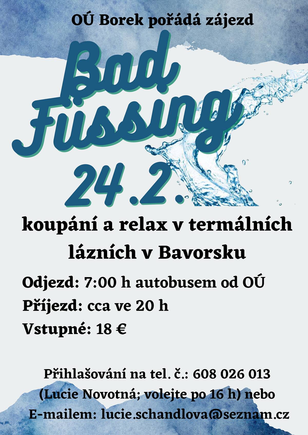 Dobrý den všem. Dovolte mi, abych Vás jménem Obecního úřadu Borek pozval na jednodenní zájezd do termálních lázní Bad Füssing, který se bude konat v sobotu 24. února 2024. Bližší informace viz. přiložený leták. S přáním hezkého dne - Jaroslav Novák, starosta obce Borek.