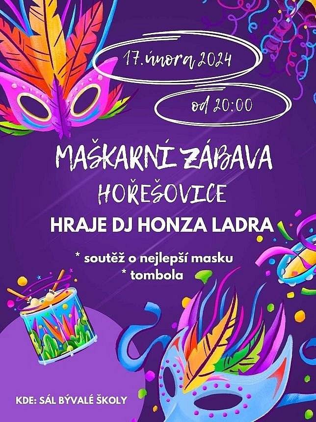 Zveme vás na dnešní maškarní zábavu.
17. února od 20:00,
sál v bývalé škole
hraje: DJ Honza Ladra