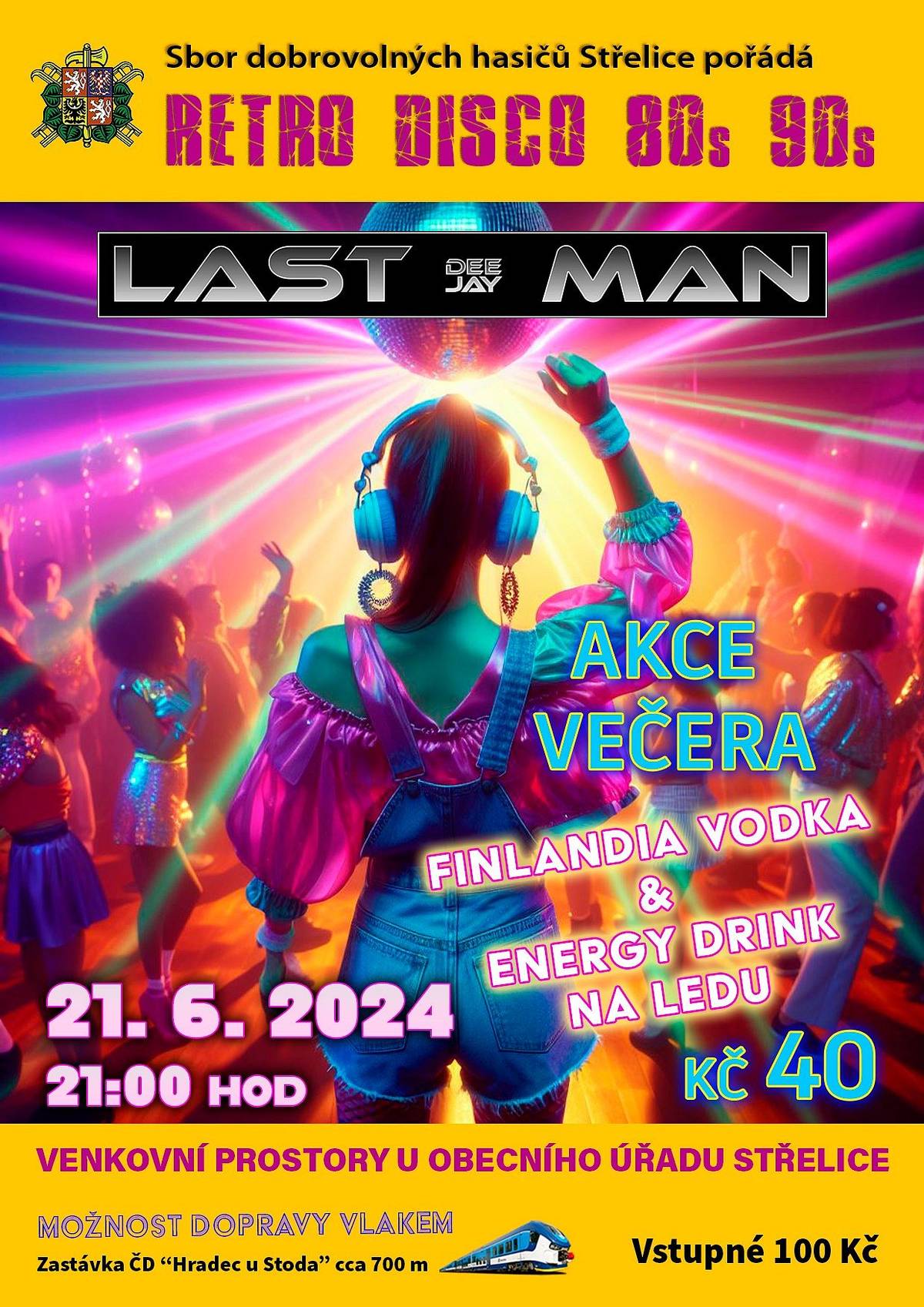 SDH Střelice zve na retro disco párty, která se uskuteční v pátek 21.6.2024 od 21 hod na dvoře obecního úřadu Střelice.