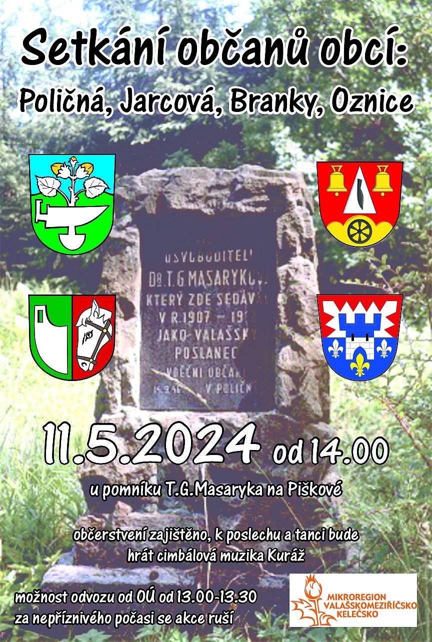 Zveme Vás na setkání občanů sousedních obcí u pomníku T.G. Masaryka na Piškové, od 14:00 hod. Více v pozvánce.