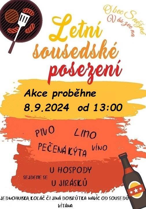 Obec Sněžné Vás zve na sousedské posezní, které se bude konat 8.9.2024 od 13:00 u Hospody u Jirásků.