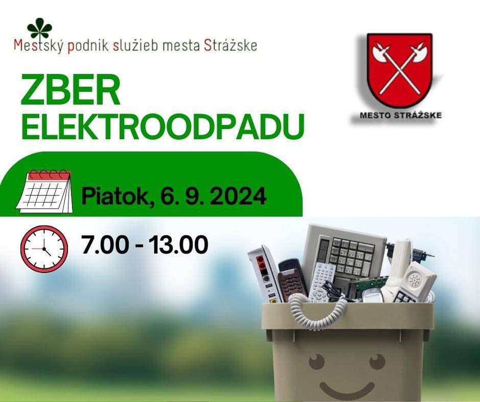 V PIATOK 06. 09. 2024 budú pracovníci MsPS Strážske zberať elektronický odpad.
❓ČO SA BUDE ZBERAŤ? 
- chladiace a mraziace zariadenia, televízory, počítače, práčky a rôzne iné elektrospotrebiče
❓KDE TO MÁTE VYLOŽIŤ? 
- žiadame občanov mesta, aby tento odpad vyložili na stanovištia kontajnerov ráno v deň zberu v kompletnom stave, vrátane elektromotorov a ostatných súčastí. 
❓V AKOM ČASE? 
- pracovníci MsPS vyzbierajú tento odpad v čase od 7.00 do 13.00 hod. 
❗️Elektronický odpad je takisto možné doniesť na stredisko Technických služieb na Obchodnej ulici v pracovných dňoch od 6.00 do 14.00 hod. 
MsPS mesta Strážske