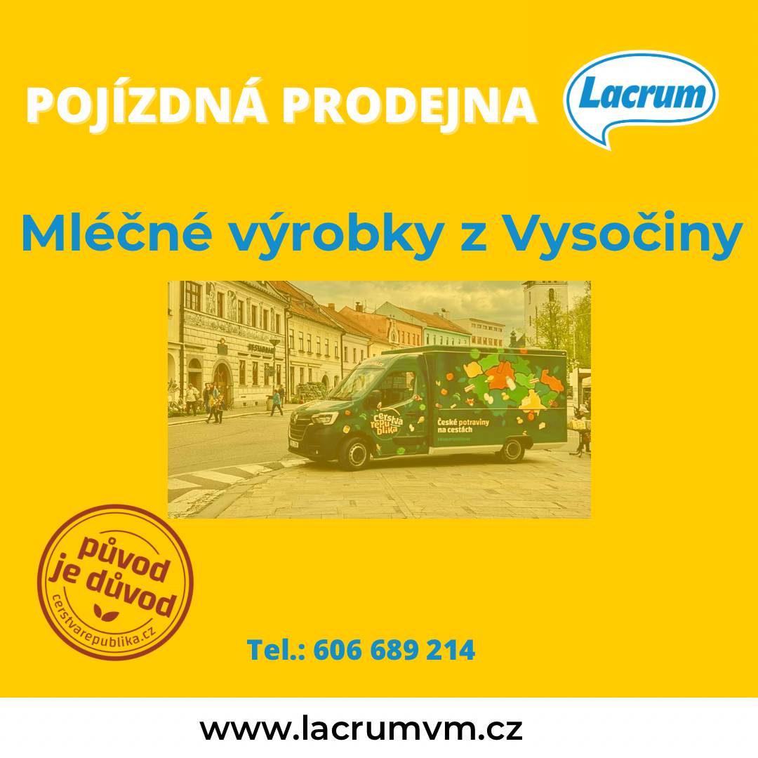 V pátek 20.9.2024 přijede v 9:40 k Jednotě pojízdná prodejna společnosti Lacrum Velké Meziříčí s nabídkou masných a mléčných produktů s tradicí.
Sortiment pojízdné prodejny Lacrum: Sýry polotvrdé: Eidam, Gouda, Pernštejn, uzené sýry, Moravský bochník / Plátkové sýry 100g všech druhů / Zákysy, máslo, tvaroh, tavené sýry / Masné výrobky