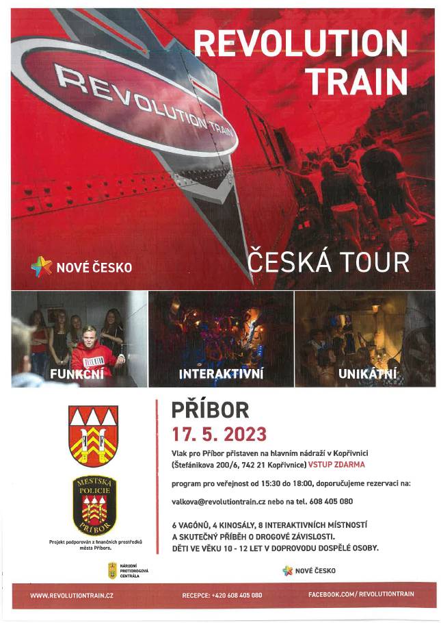 MP Příbor informuje občany města, že mohou dne 17.05.2023 v čase od 15:30 do 18:00 hodin absolvovat prohlídku protidrogového vlaku,
který bude přistaven na hlavním nádraží v Kopřivnici. Prohlídka je zdarma. V případě zájmu si rezervujte termín na tel. čísle 608 405 080.
Bližší informace zjistíte na www.pribor.eu.