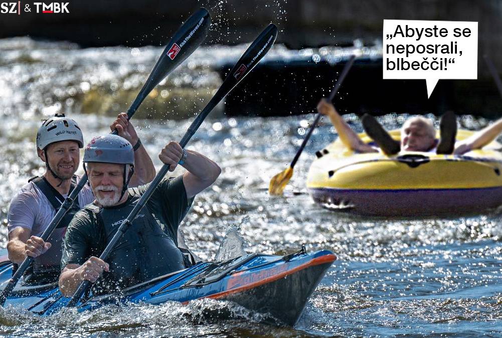 Petr Pavel se vrhl v kajaku do peřejí spolu s šestinásobným mistrem světa Tomášem Slovákem. Prezidentova účast na šampionátu juniorů v Roudnici nad Labem neunikla ani jeho předchůdci, jak ukazuje další satirická koláž TMBK.