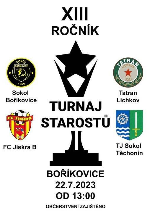 V sobotu 22. července pořádá Sokol Boříkovice XIII. ročník tradičního fotbalového turnaje starostů za účasti oddílů: Sokol Boříkovice, FC Jiskra 2008 B, Tatran Lichkov a TJ Sokol Těchonín. Zahájení turnaje ve 12:30 hodin, výkop 1. zápasu ve 13 hodin. Občerstvení zajištěno, srdečně zvou pořadatelé Sokol Boříkovice.