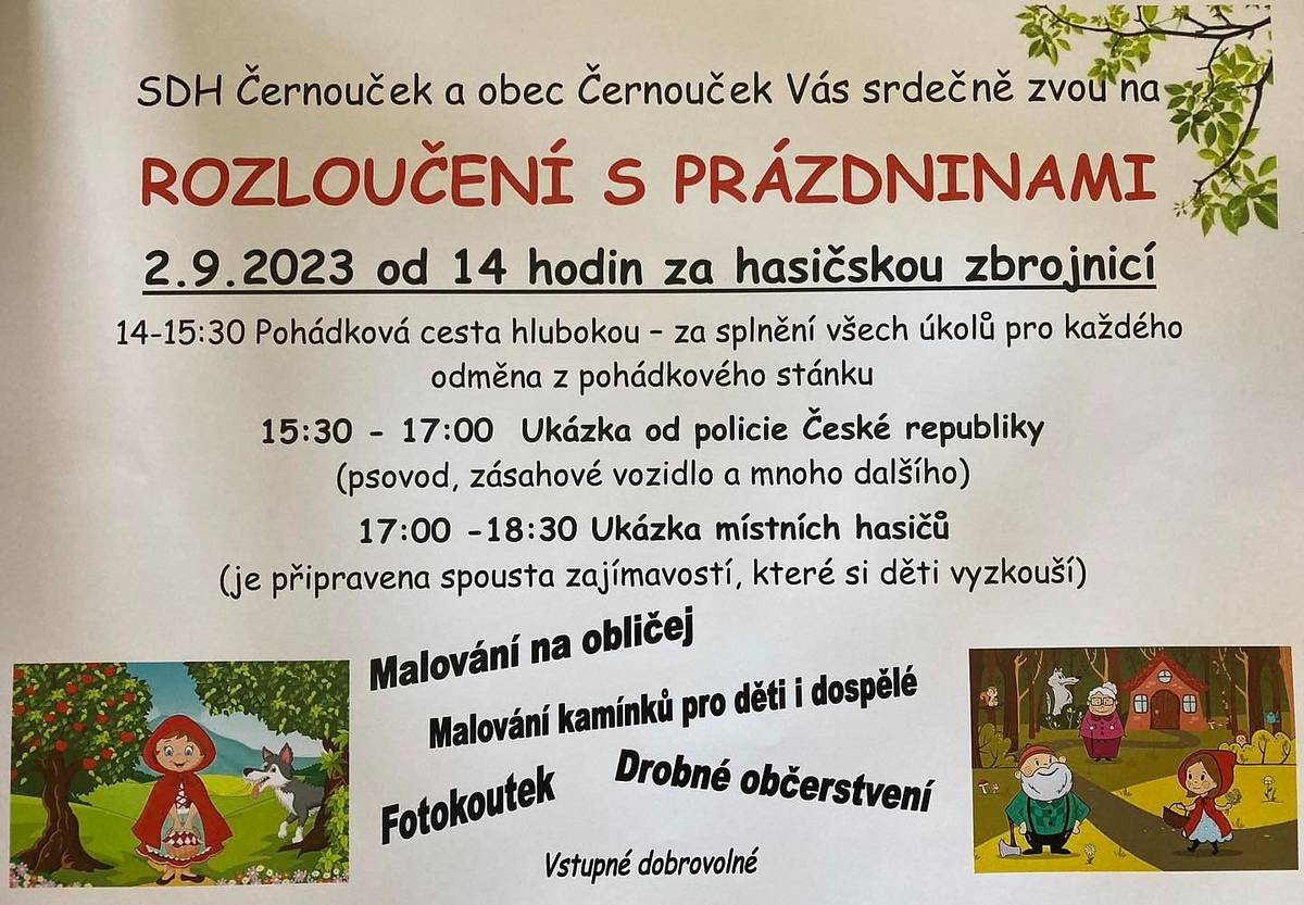 Obec Černouček společně s SDH Černouček zve děti a jejich rodiče na loučení s prázdninami, které se bude konat na hřišti za hasičárnou.