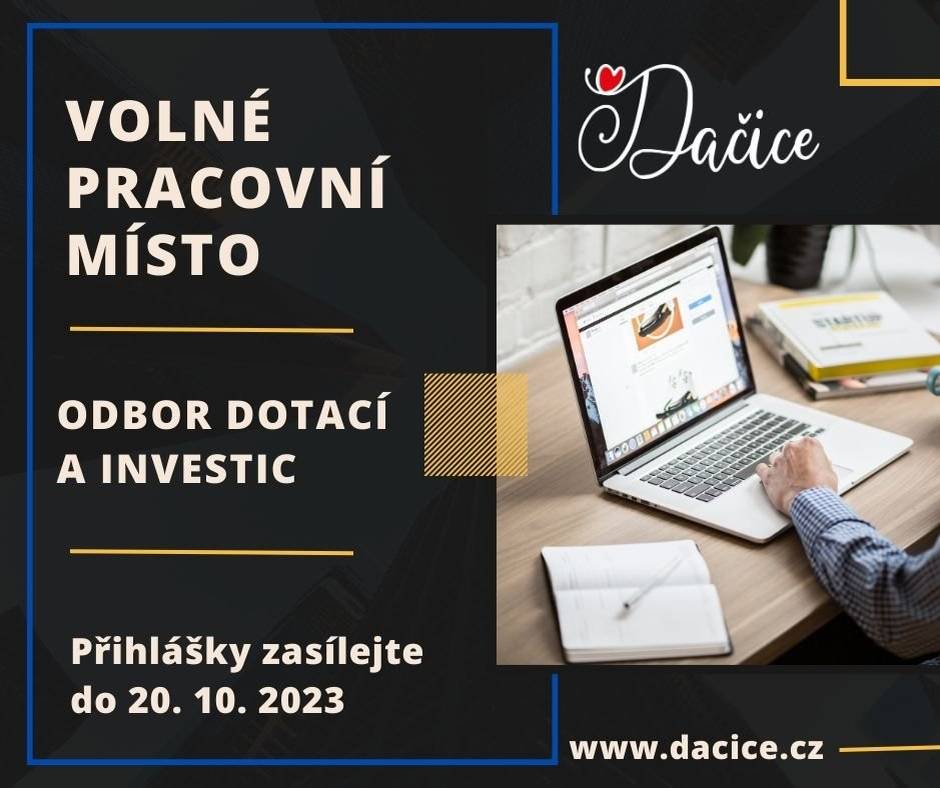 Máte vzdělání stavebního zaměření nebo praxi v oboru stavebním a hledáte práci? Město Dačice nabízí volné pracovní místo pracovníka - pracovnice odboru dotací a investic.
Přihlášky můžete zasílat do 20. 10. 2023. Své žádosti doručte na Městský úřad Dačice, Krajířova 27/I, Dačice. Více informací na www.dacice.cz.