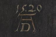 Albrecht Dürer - imitace, Hans Hoffmann (?), 1585–1592, Posmívání Kristu, detail falešné signatury a datace 1520 AD.