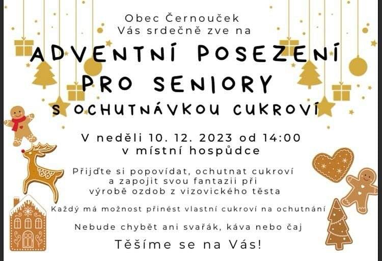 Obec Černouček zve na vánoční posezení pro seniory 10.12.2023 od 14:00 v místní hospůdce.