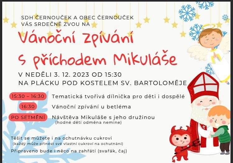 Obec Černouček zve občany na vánoční zpívání pod stromečkem 3.12.2023 od 15:30hod na plácku pod kostelem.