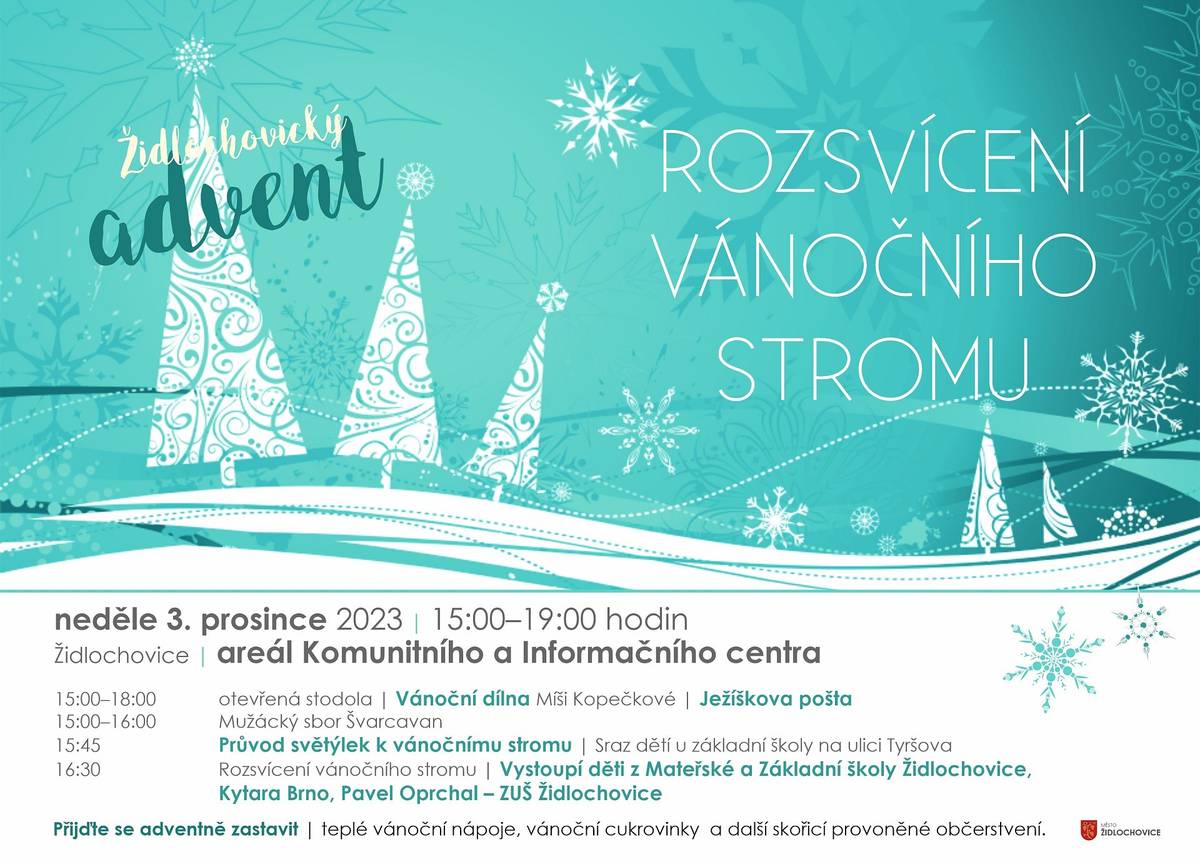 V neděli 3. prosince zahájíme advent Židlochovicích. Na nádvoří Komunitního centra se v 16:30 hodin rozsvítí vánoční stromeček. 
 
V letošním roce jsme rozšířili jak nabídku občerstvení, tak i prostor ke společnému setkání. Těšíme se na vás na prostranství u Informačního centra, na nádvoří a ve stodole Komunitního centra. 
 
Program proběhne na improvizovaném podiu, kterým se pro tento den stanou schody vedoucí z nádvoří k Infocentru. To proto, aby všechny děti z mateřské a základní školy byly při zpěvu a recitaci krásně vidět. 
 
Začínáme už v 15 hodin. Přijďte hned se začátkem a mezi 15 a 16 hodinou se zaposlouchejte do vánočních písní mužáckého sboru Švarcavan z Nosislavi.
 
FB Město Židlochovice