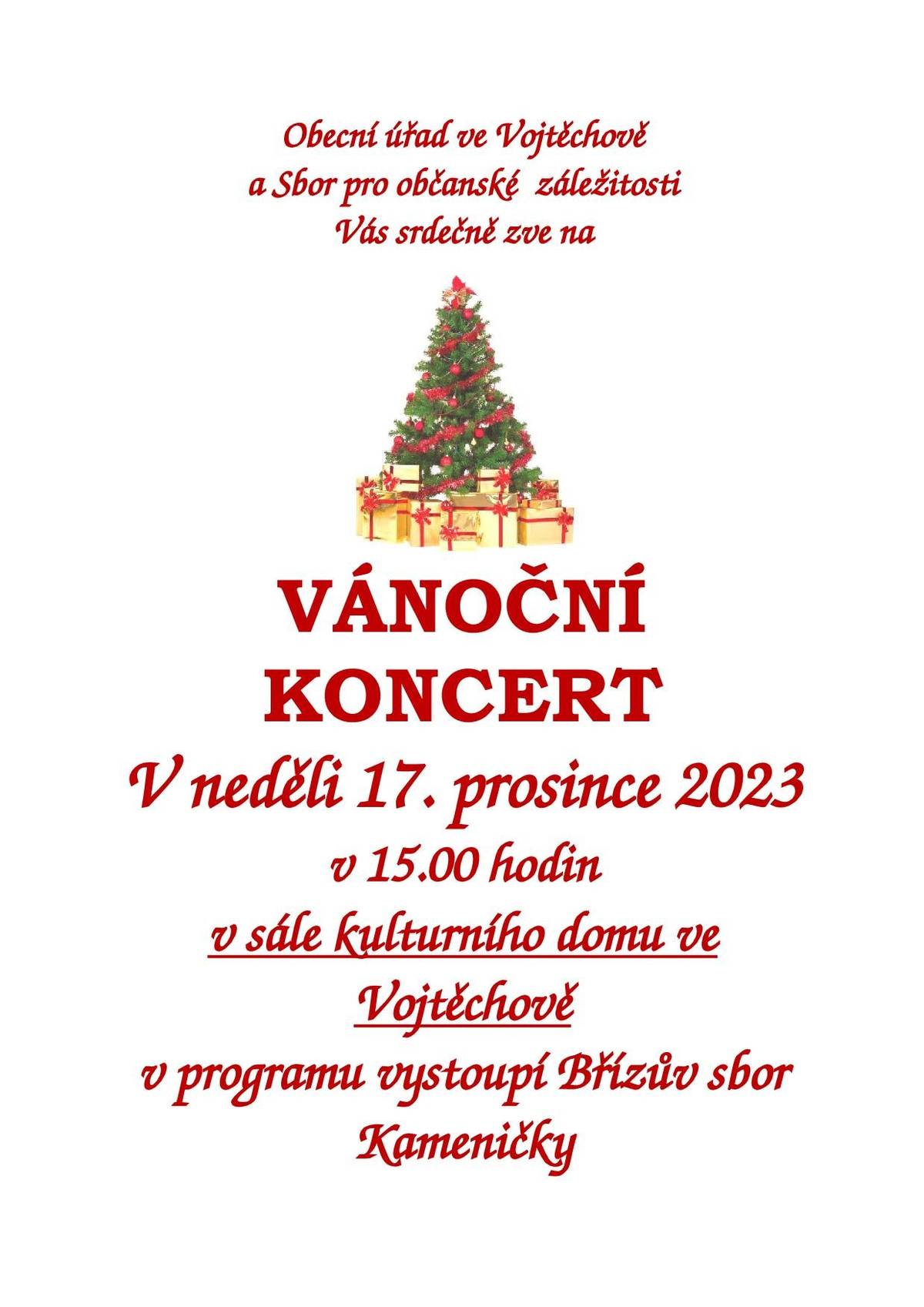 Vánoční koncert v neděli 17. prosince 2023 v 15.00 hodin v sále kulturního domu ve Vojtěchově