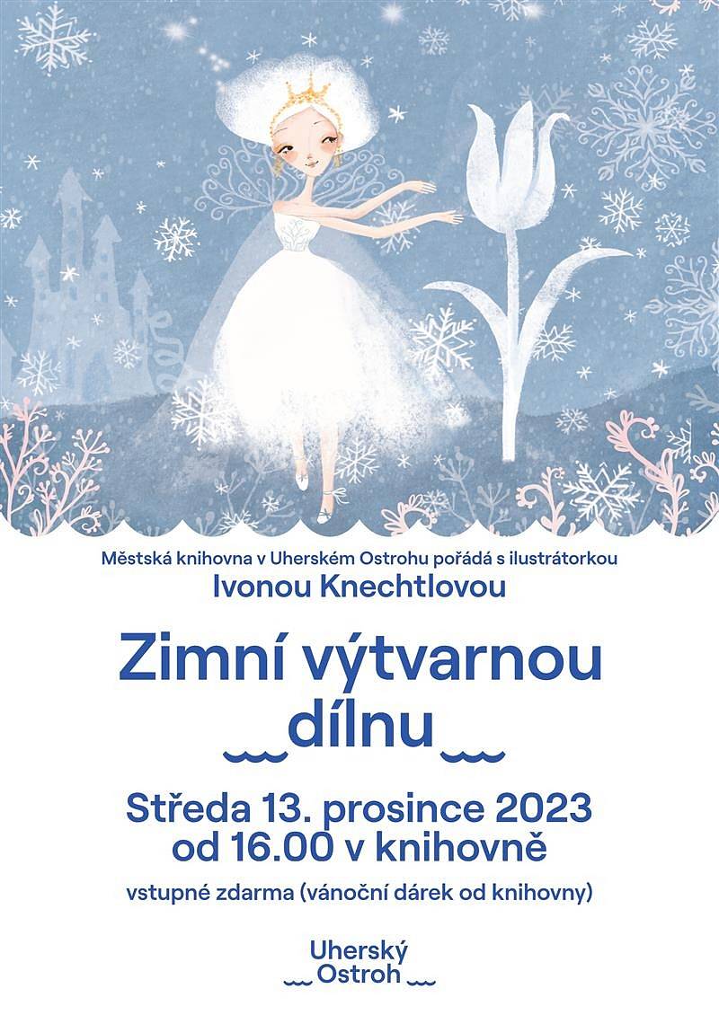 Městská knihovna Uherský Ostroh pořádá ve středu 13. prosince 2023 od 16:00 zimní výtvarnou dílnu se známou ilustrátorkou Ivonou Knechtlovou. Výtvarná dílna bude probíhat v prostorách knihovny a vstup na ni je bezplatný.
