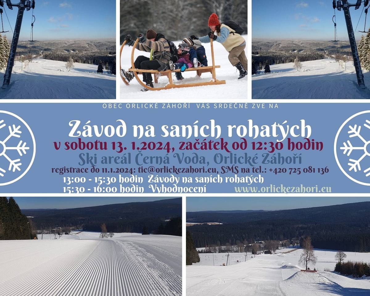 Závod na saních rohatých 13.1.2024, Ski areál Černá Voda, Orlické Záhoří od 12:30 hodin.