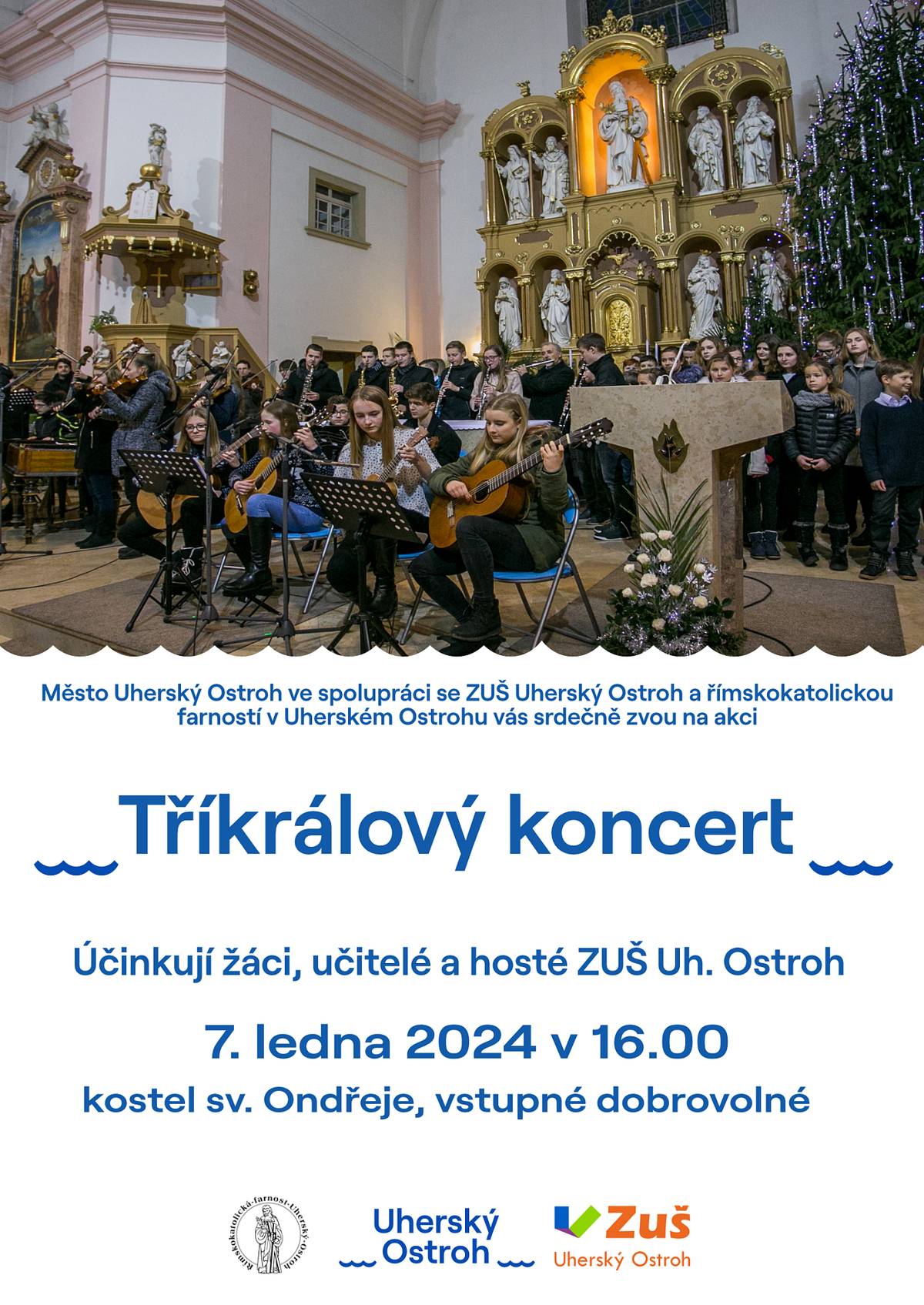 Již zítra (tj. v neděli 7. ledna 2024) proběhne v ostrožském kostele sv. Ondřeje Tříkrálový koncert. Koncert začíná v 16:00 a je pořádán ve spolupráci ZUŠ Uherský Ostroh, města Uherský Ostroh a ostrožské římskokatolické farnosti. Vstupné je dobrovolné.