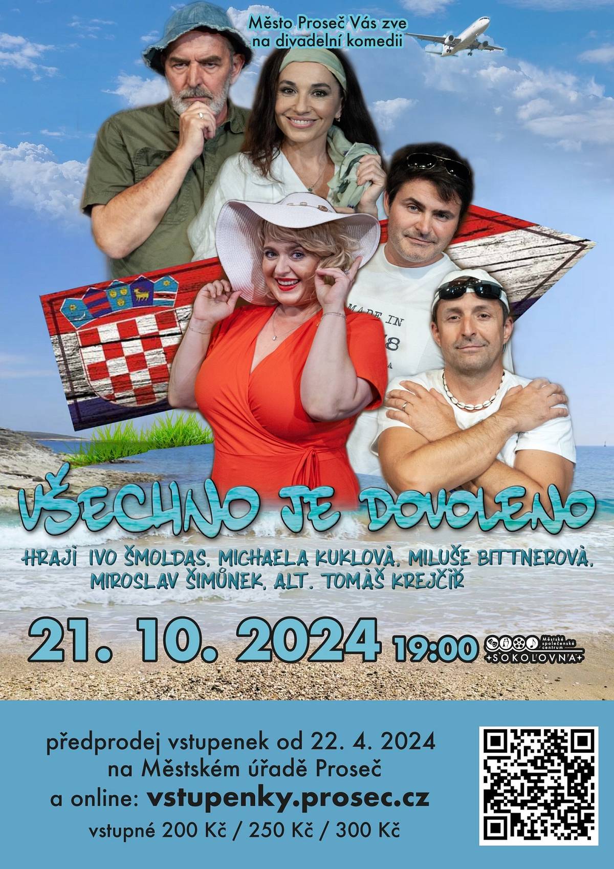 Michaela Kuklová, Ivo Šmoldas, Miluše Bittnerová a Miroslav Šimůnek / Tomáš Krejčíř v komedii o dvou manželských párech, které se sice vzájemně neznají, ale čeká je společná dovolená v Chorvatsku, během které vezme velmi rychle za své představa hladkého a nekonfliktního seznámení rodičů mladých snoubenců. Nová česká divadelní komedie Vás čeká 21. října v prosečské Sokolovně. 

 Předprodej vstupenek začíná v pondělí 22. dubna v 9:00 na https://vstupenky.prosec.cz nebo na pokladně Městského úřadu Proseč.