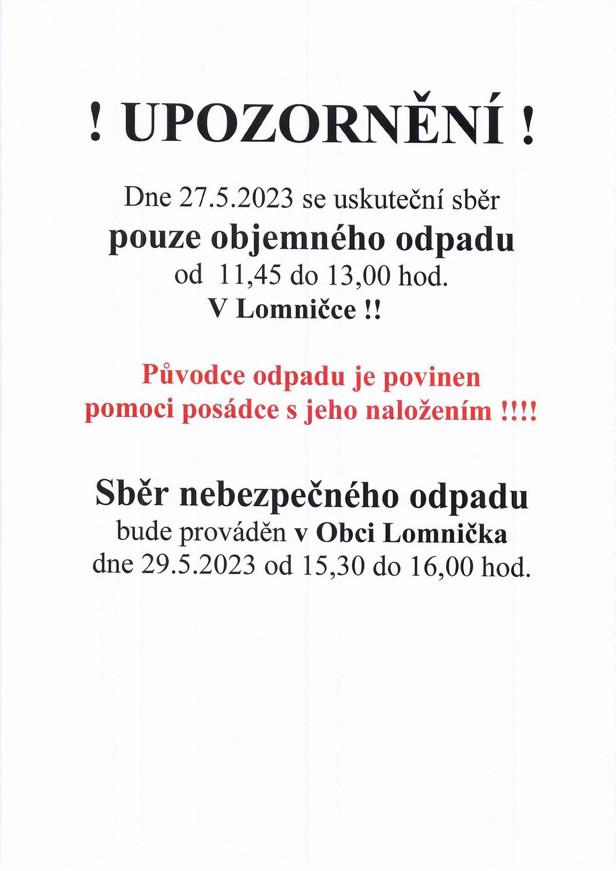 Upozornění na objemný svoz odpadu.