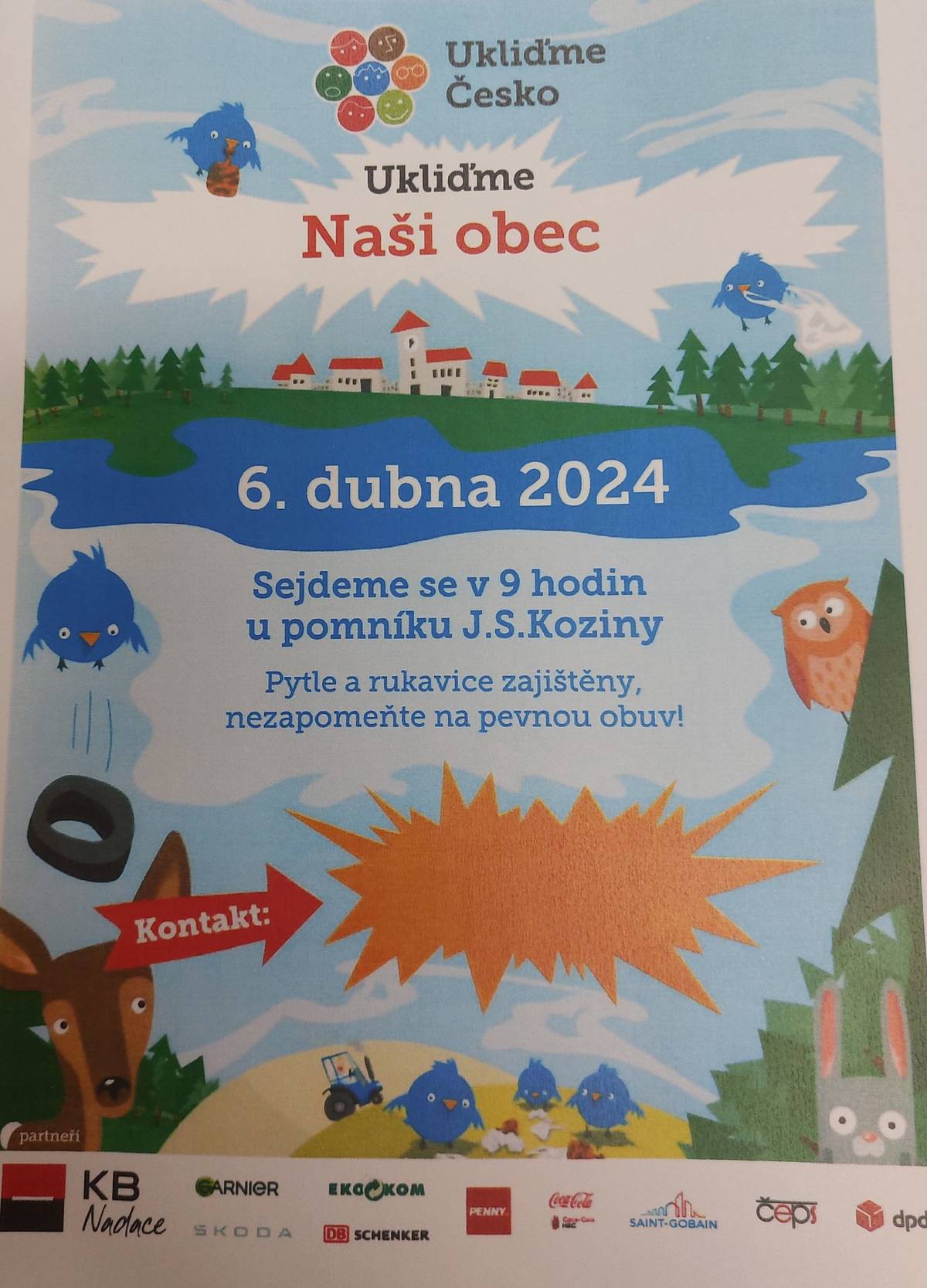 Dobrý den, dne 6.4.2024 se opětovně zapojujeme do akce s názvem Ukliďme Čsko 2024. Sejdeme se  v 9:00 hodin v Češově u pomníku J.S. Koziny. Občerstvení zajištěno