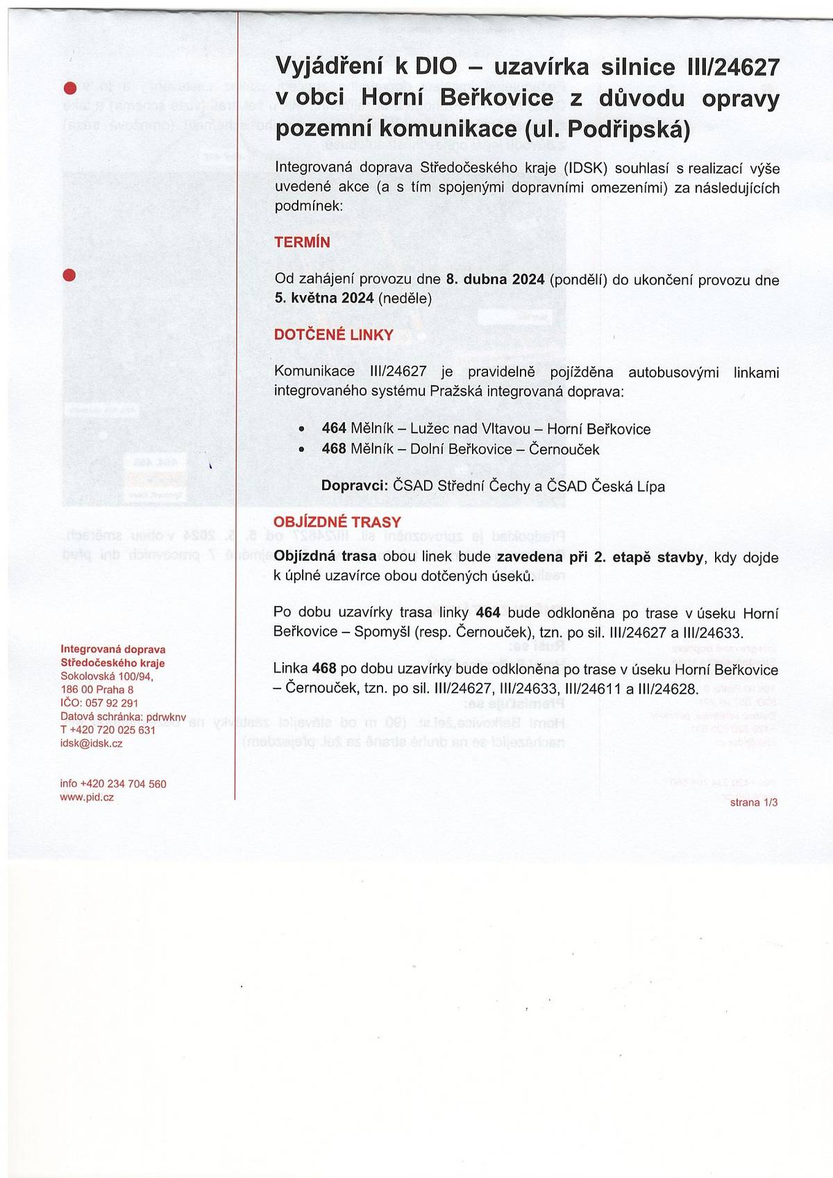 Upřesnění uzavírky v Horních Beřkovicích.