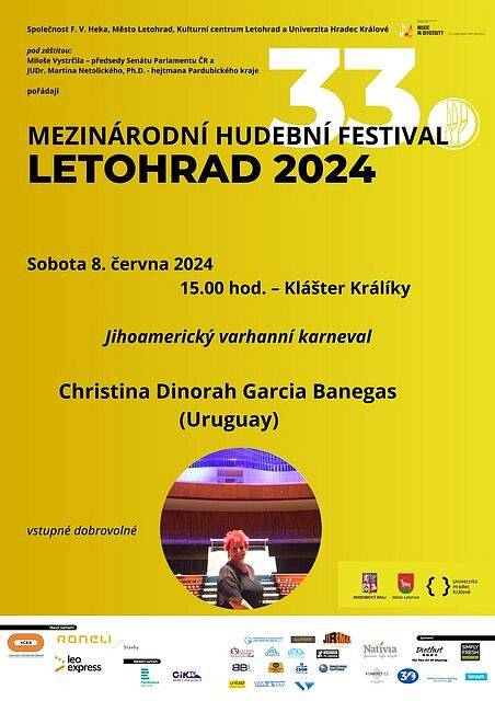 V rámci Mezinárodního hudebního festivalu Letohrad se místnímu publiku představí uruguayská varhanistka Christina Dinorah Garcia Banegas. Vstupné dobrovolné. Poutní kostel na Hoře Matky Boží - sobota 8. června 2024 v 15:00 hod.
