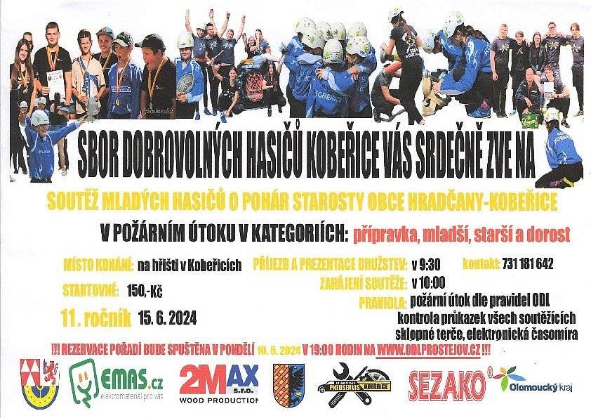 SDH Kobeřice Vás srdečně zve na Soutěž mladých hasičů o pohár starosty obce Hradčany-Kobeřice v požárním útoku dne 15. 6. 2024 od 10:00 hodin na hřišti v Kobeřicích.
