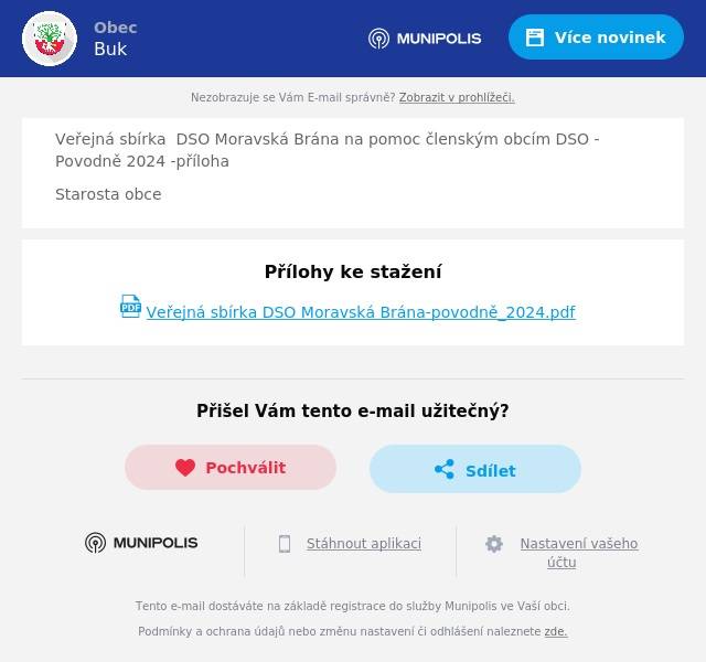 Veřejná sbírka  DSO Moravská Brána na pomoc členským obcím DSO -Povodně 2024 -příloha
Starosta obce