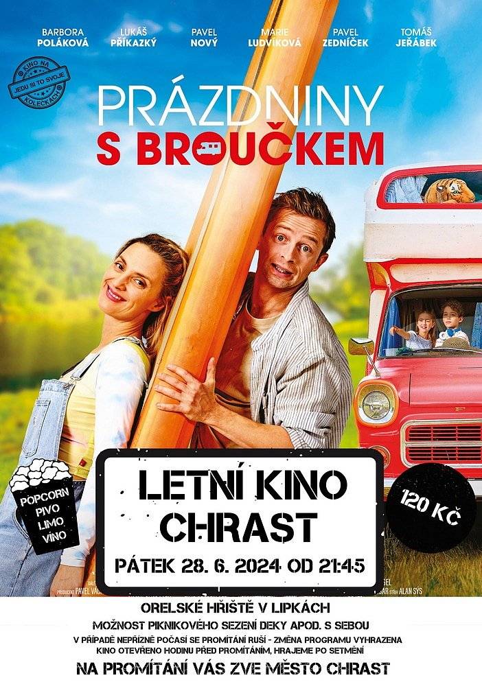 ❗Dnes večer Letní kino Chrast - Prázdniny s broučkem na Orláku v Lipkách.❗📽
Česká filmová komedie s Barborou Polákovou, Lukášem Příkazkým a dalšími. "Kdo by někdy nechtěl vyrazit na rodinnou dovolenou krásným červeným karavanem po dědovi?"
A zítra... Senior Festival 🥳