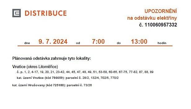 Plánovaná odstávka elektřiny se týká pouze  obce Vrutice.
V úterý 9.7.2024 od 7.00 do 13.00 hodin.