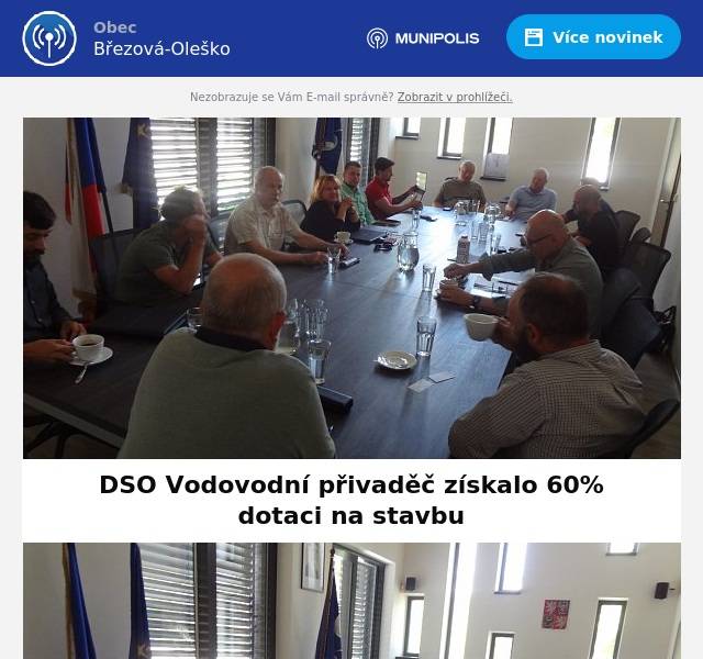 Dobrovolný svazek obcí „Vodovodní přivaděč Zvole-Vrané“ získal ze Státního fondu životního prostředí ČR finanční podporu  ve výši 60 % na stavbu vodovodního přivaděče a zahájí stavbu ještě v letošním roce. Stavba byla vysoutěžena za 236 milionů korun (bez DPH).
Dobrovolný svazek pěti obcí Březová-Oleško, Ohrobec, Okrouhlo, Vrané nad Vltavou a Zvole mohou začít s výstavbou vodovodního přivaděče jehož součástí je i vybudování dvou vodojemů, které významně zlepší zásobování vodou obyvatelům těchto obcích.
29.7. se konala na obecní úřadě ve Zvoli koordinační porada vysoutěženého zhotovitele stavby, technického dozoru investora a dalších odborníků, kteří se budou na její realizaci podílet. Předání staveniště má proběhnout v říjnu 2024. Realizace začne na několika místech najednou, aby během dvou let mohla být postavena.
Získání dotace je výsledkem několikaletého úsilí naši starostky Ing. Věry Lehké, která odvedla jako předsedkyně dobrovolného svazku obci vynikající práci. Dík patří všem starostům ve svazku obcí a firmě HS Occasions, s.r.o., která vedla jednání o získání dotace s příslušnými úřady.
Vybudování obchvatu je nezbytnou součástí pro stavbu vodovodu a kanalizace v obci Březová – Oleško a rozšíření vodovodní sítě v ostatních obcích. Nyní se zastupitelstvo může plně soustředit na přípravu a realizaci tohoto základního infrastrukturního projektu pro obec Březovou – Oleško.