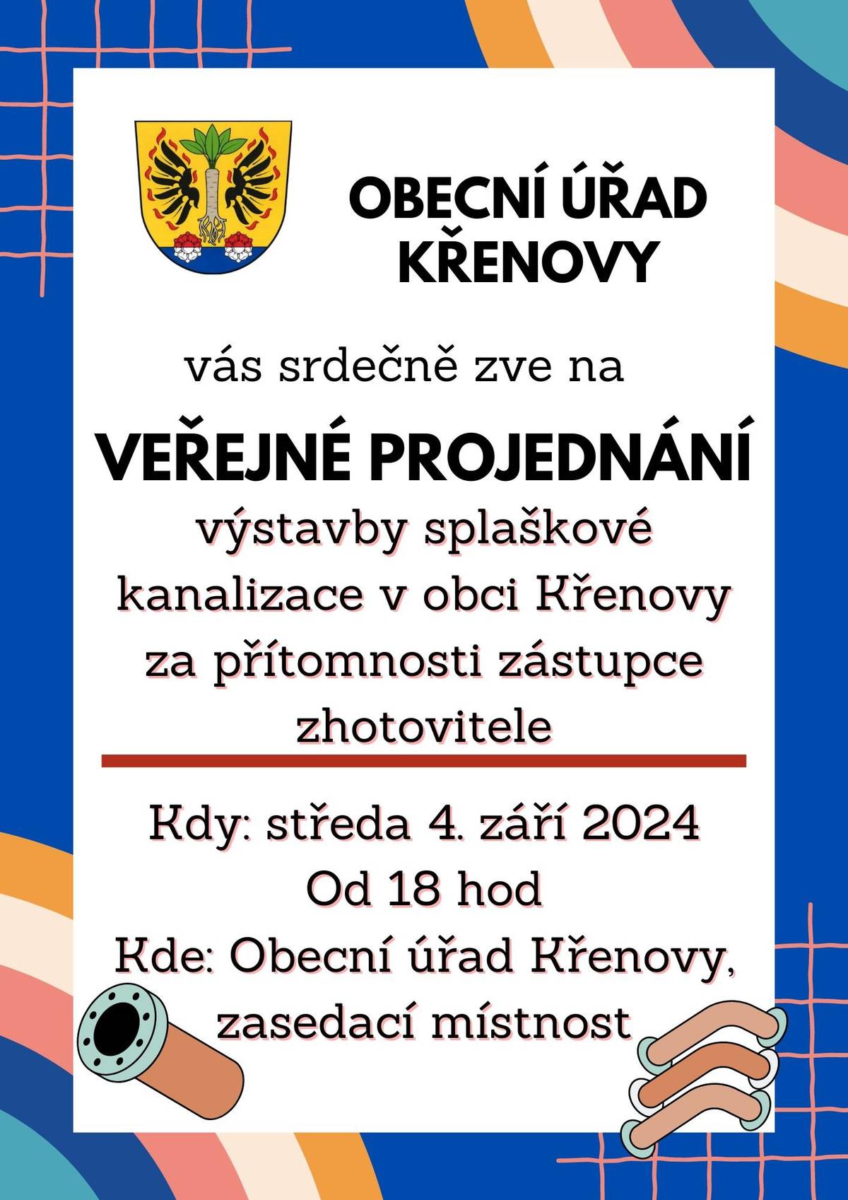 OÚ Křenovy vás zve ve středu 4.9.2024 od 18 hod na veřejné projednání výstavby splaškové kanalizace za přítomnosti zhotovitele.