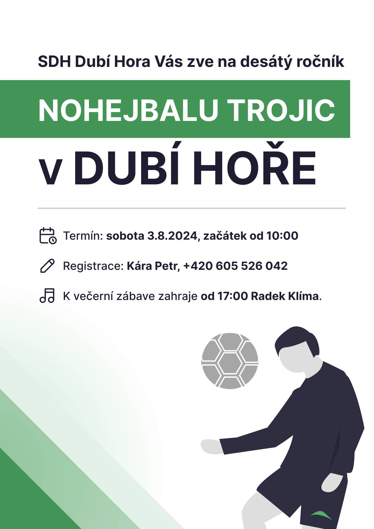 SDH Dubí Hora zve občany na pouťový nohejbalový turnaj na Dubí Hoře, v sobotu 3.8.2024 od 10:00 hodin.  K večerní zábavě hraje od 17:00 hodin Radek Klíma.
