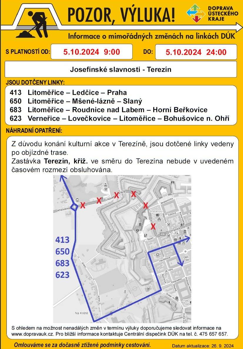 Linky jsou vedeny po objízdné trase. Zastávka Terezín, křiž. nebude ve směru do Terezína obsluhována.