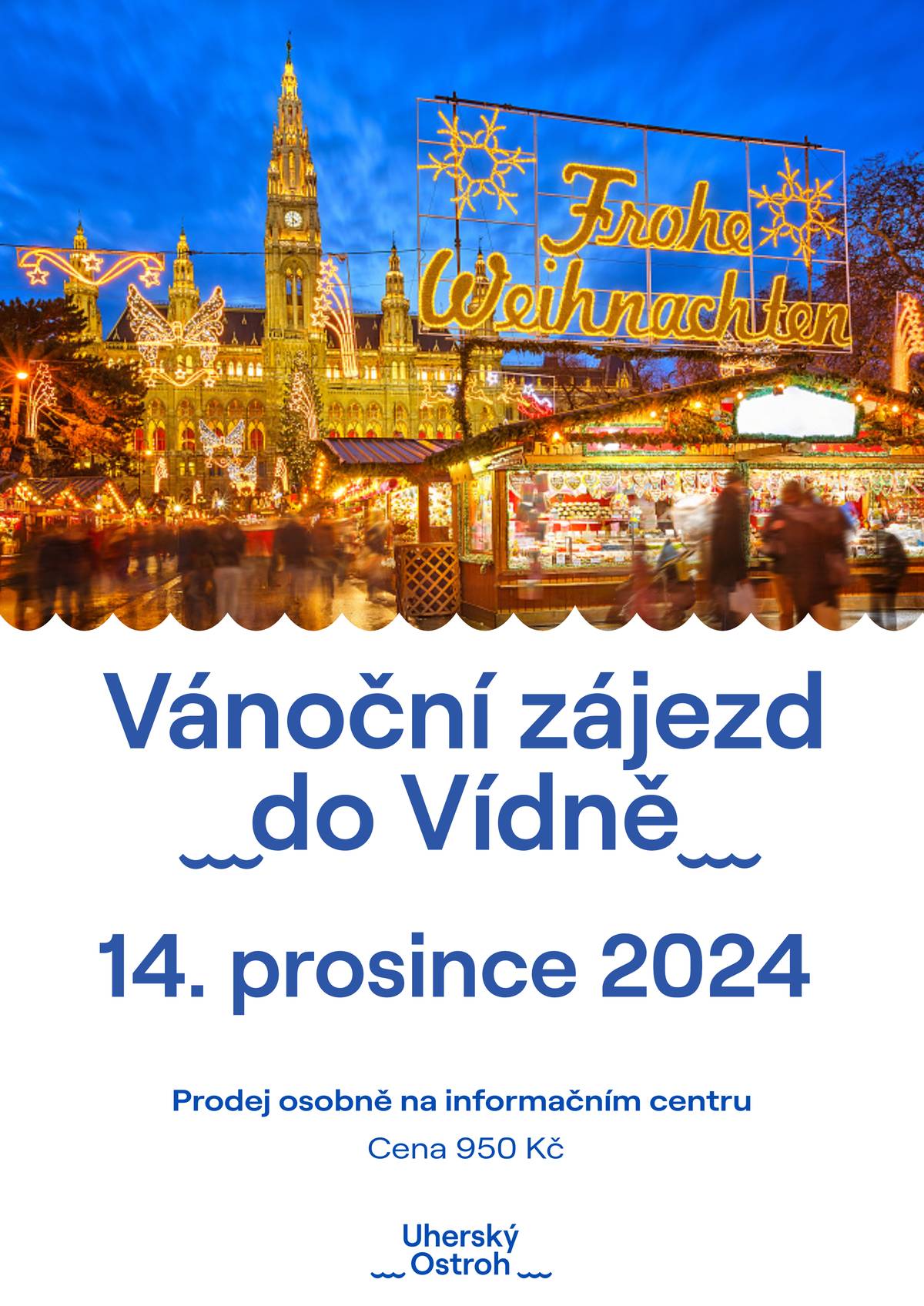 Město Uherský Ostroh pořádá adventní autobusový zájezd do Vídně, který se uskuteční v sobotu 14. prosince 2024. Odjezd autobusu bude v 7:30 hodin z Uherského Ostrohu, návrat je plánován ve večerních hodinách. V rámci programu je plánována prohlídka centra města s návštěvou adventních trhů. Odpoledne pak čeká návštěvníky individuální volno ve Vídni s návštěvou největšího adventního trhu u Nové radnice.
Cena zájezdu je 950 Kč. V ceně je zahrnuta doprava autobusem, průvodce a povolenka pro vjezd do centra Vídně. Cena nezahrnuje cestovní pojištění a vstup do památek. Zájezd zakoupíte pouze osobně v pokladně ostrožského informačního centra. Počet míst je omezen kapacitou autobusu.
