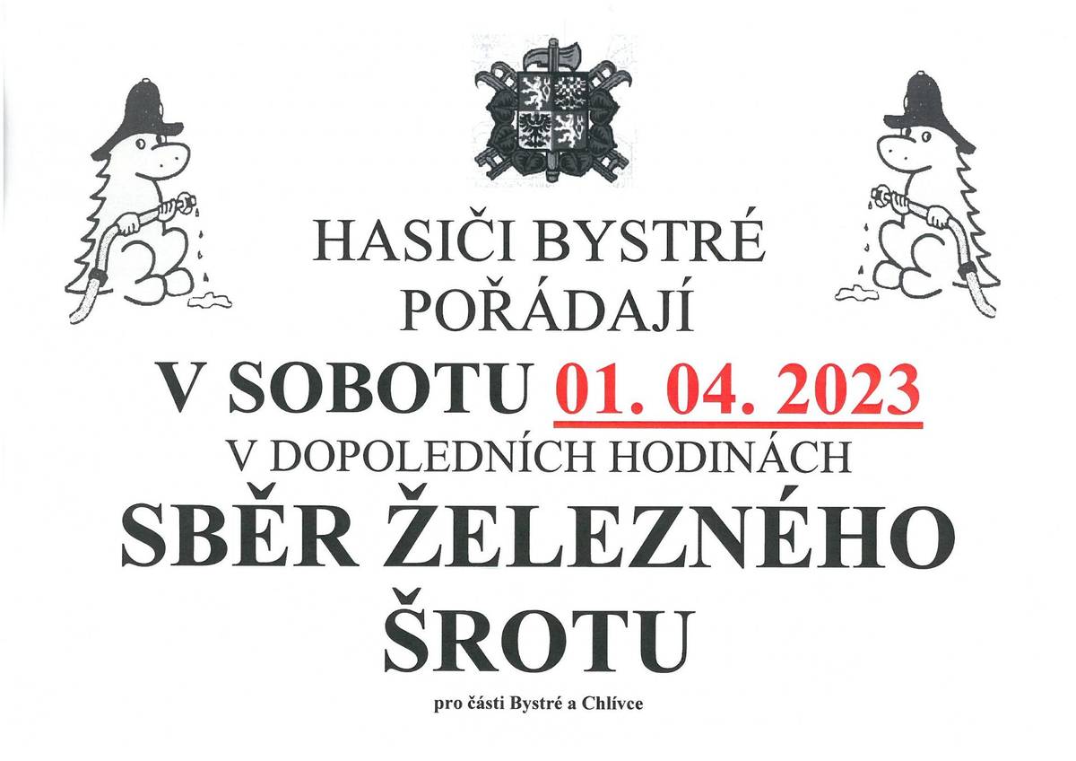 V Bystrém a Chlívcích proběhne v sobotu 1. 4. 2023 sběr železného šrotu. 