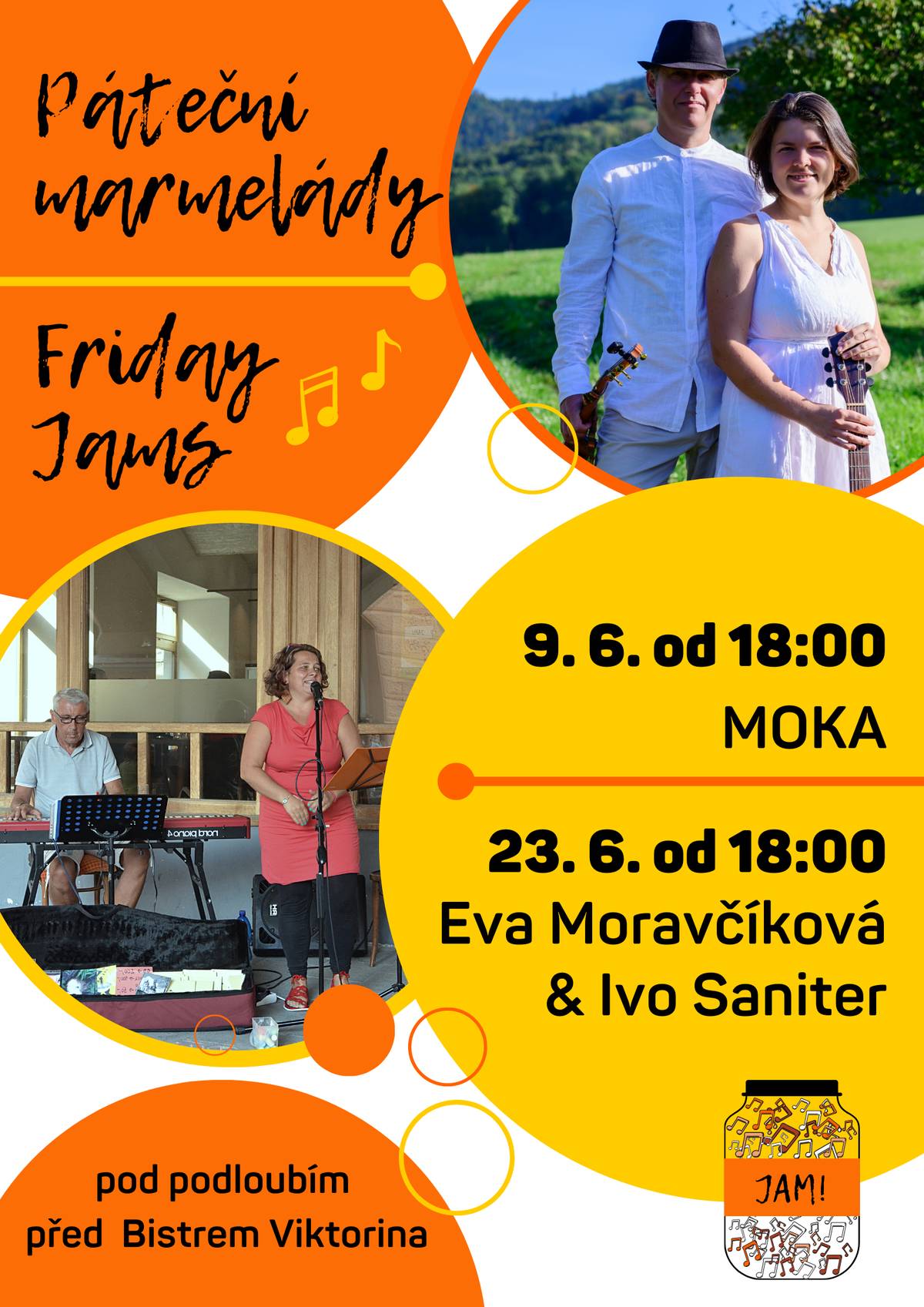 Přivítejme léto zvesela a s hudbou! Na pravidelné muzicírování se můžete těšit opět pod podloubím před Bistrem Viktorina, toto léto v pátky od 18 hod.

 9. června zahraje kapela MOKA - Monika & Karol 💃 hudba je velmi baví a při koncertech z nich radost a láska hudbou sdílená doslova sálá. Jejich písně vás pohladí i roztančí, odlehčí i uvedou k zamyšlení.

 Kde: na náměstí před Bistrem Viktorina
 Kdy: 9. 6. 2023 od 18:00
 Vstup zdarma