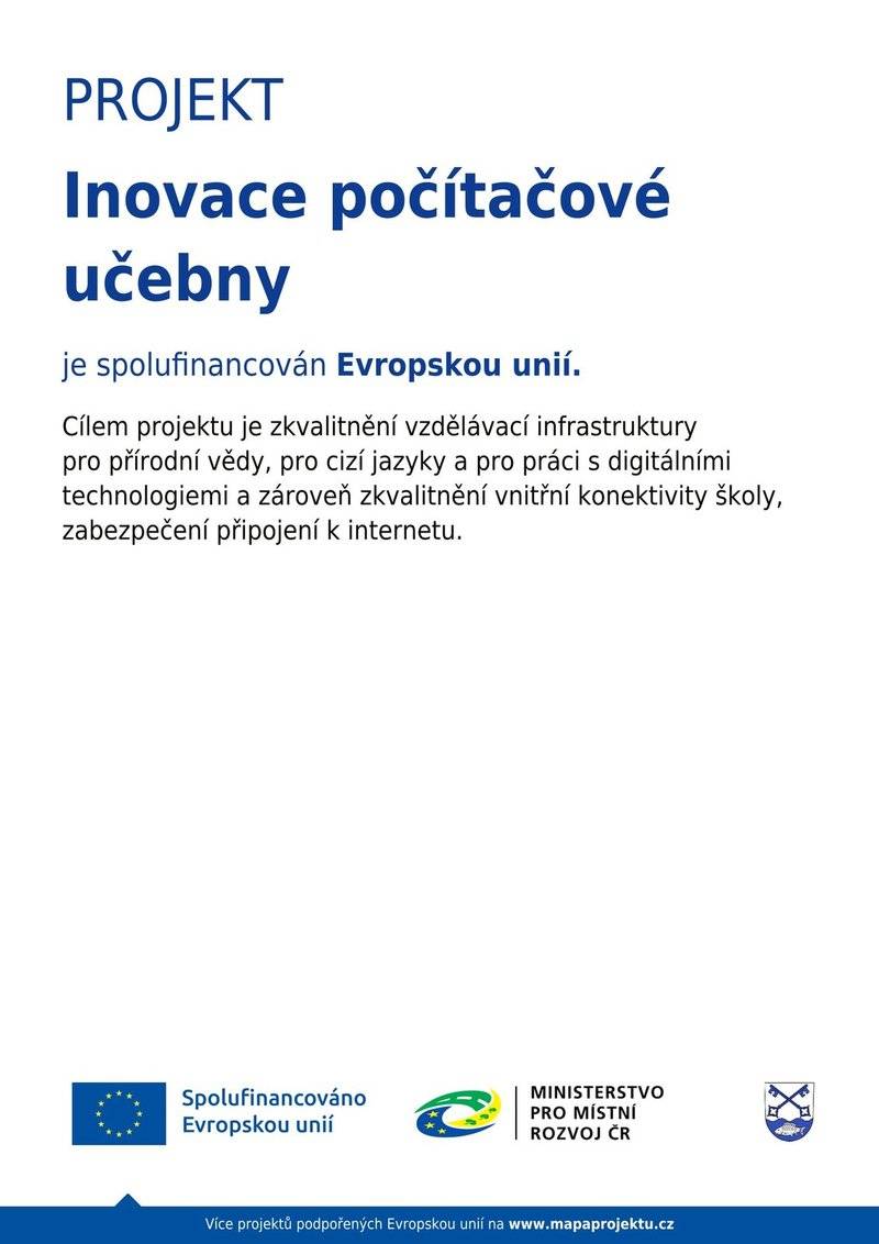 Cílem projektu „Inovace počítačové učebny“ v ZŠ Jistebník je zkvalitnění vzdělávací infrastruktury pro přírodní vědy, pro cizí jazyky a pro práci s digitálními technologiemi a zároveň zkvalitnění vnitřní konektivity školy, zabezpečení připojení k internetu. Výsledkem projektu je:
 

moderními technologiemi vybavená počítačová učebna
zavedení virtuální reality do odborných předmětů – Informatika, přírodní vědy, cizí jazyky
rozvoj digitalizace školy