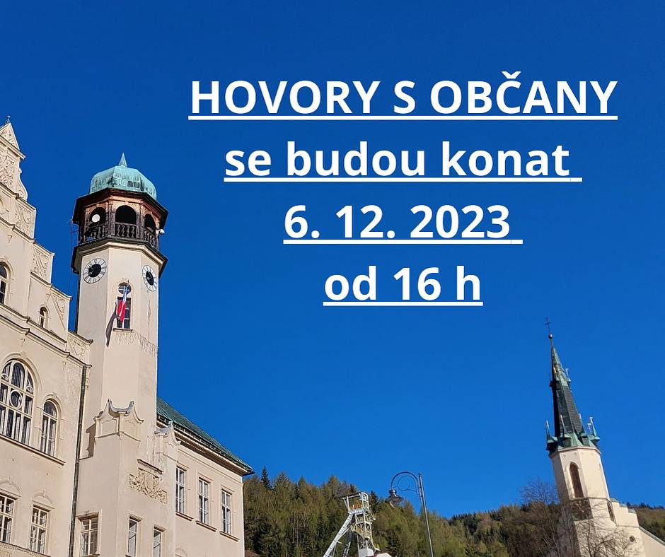 Zveme vás k účasti na Hovorech s občany, které se konají dne 6. prosince 2023 od 16 hodin v zasedací místnosti Městského úřadu Jáchymov.
Těšíme se na vaši účast a příležitost podělit se o své názory a zodpovědět vaše otázky. Vaše přítomnost přispěje k otevřené a aktivní komunikaci mezi občany a městským úřadem.