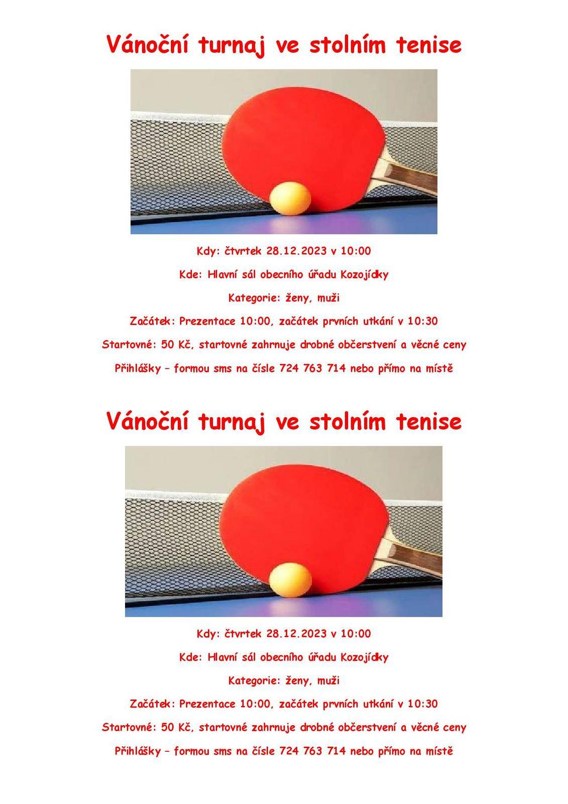 Vánoční turnaj ve stolním tenise
28.12.2023 od 10 hod v sále obecního úřadu Kozojídky