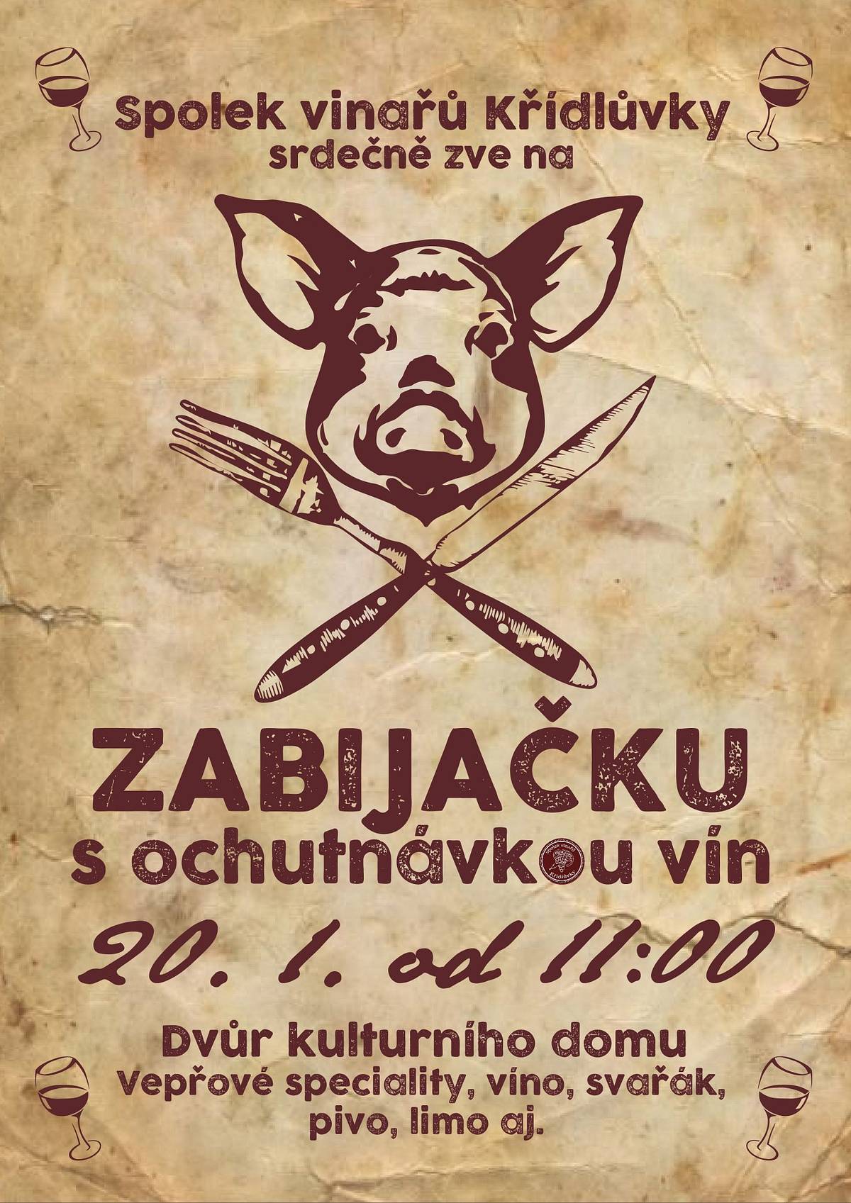 1) Spolek vinařů Křídlůvky srdečně všechny zve na zabíjačku s ochutnávkou vín, která se koná příští sobotu, 20. ledna, od 11:00, ve dvoře kulturního domu. Na akci můžete zakoupit domácí vepřové speciality, ochutnat vína místních vinařů a občerstvit se točeným pivem, limonádou nebo svařeným vínem. Těší na Vás spolek vinařů Křídlůvky.
2) Obecní úřad připomíná občanům, že splatnost poplatků za odpad a psy je do konce června. Zároveň upozorňujeme osoby, které neuhradily poplatky za minulý rok, aby tak co nejdříve učinili. V opačném případě bude částka za poplatky vymáhána s přirážkou.
3) Oznamujeme občanům, že od 19. února do 8. března bude obecní úřad z organizačnícha zdravotních důvodů uzavřen. Upozorňujeme tedy občany, aby si běžné úřední záležitosti vyřídili mimo tento termín. V případě urgentních záležitostí kontaktujte starostu obce telefonicky.
4) Společnost Dřevo Habrovany nabízí štípané palivové dřevo, tvrdé i měkké, za loňské cenys dovozem až k domů. V nabídce jsou polínka o délce 25, 33 a 50 cm, tvrdé i měkké dřevo, taktéž i suché dřevo k okamžitému topení a metrovky štípané. Více informací k této nabídce naleznete na vývěsce u obecního úřadu.