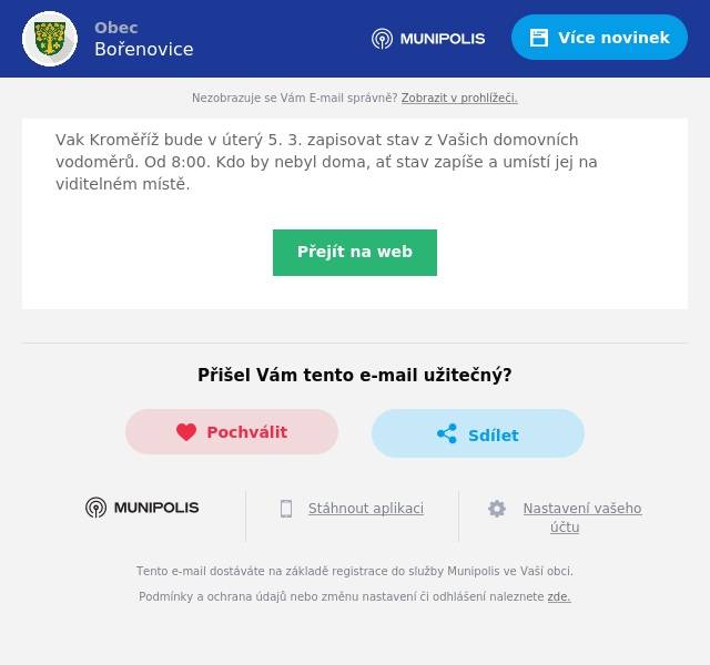 Vak Kroměříž bude v úterý 5. 3. zapisovat stav z Vašich domovních vodoměrů. Od 8:00. Kdo by nebyl doma, ať stav zapíše a umístí jej na viditelném místě.