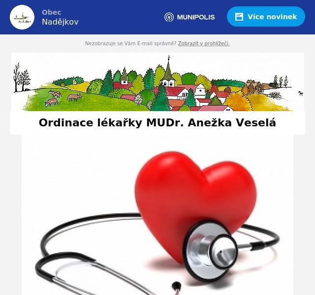 Vážení občané,
dětská lékařka MUDr. Anežka Veselá ve čtvrtek 28. března 2024 nebude ordinovat v Nadějkově. V Táboře bude ordinace pouze do 10.00 hod.
Pěkný den přeje
Obec Nadějkov