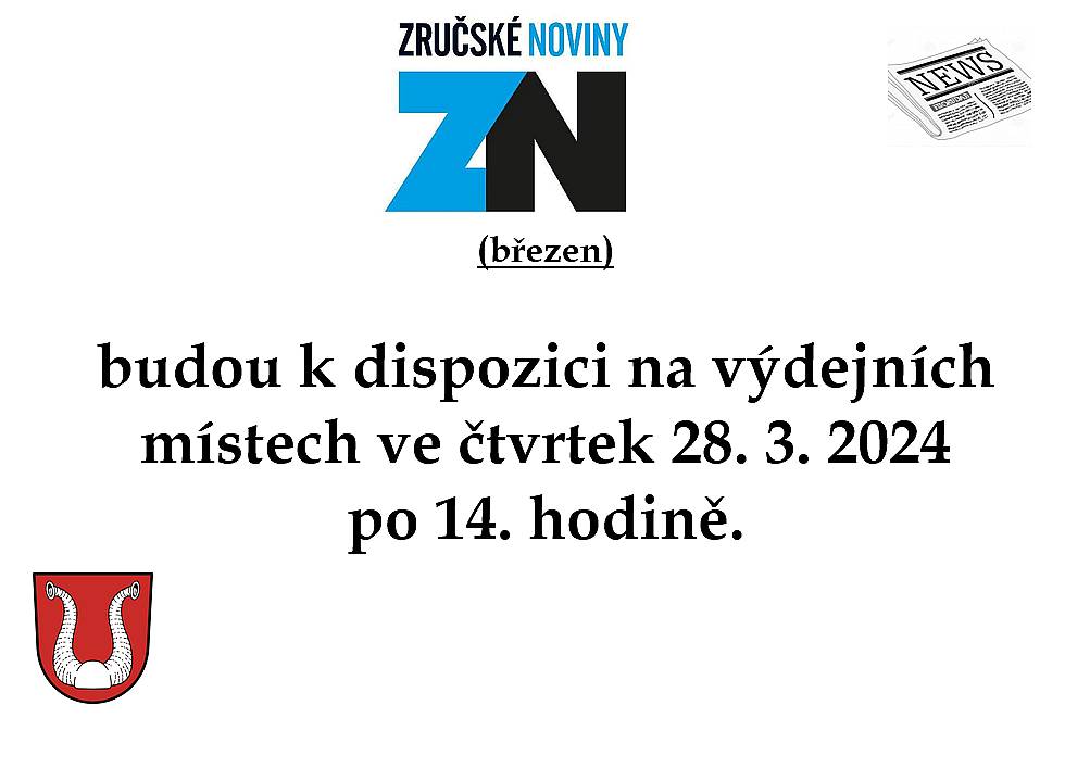 Březnové Zručské noviny si již nyní můžete přečíst na webových stránkách města: https://www.mesto-zruc.cz/mesto/media/zrucske-noviny/zrucske-noviny-archiv/
 
Na výdejních místech budou k dispozici ve čtvrtek 28. 3. 2024 po 14. hodině.