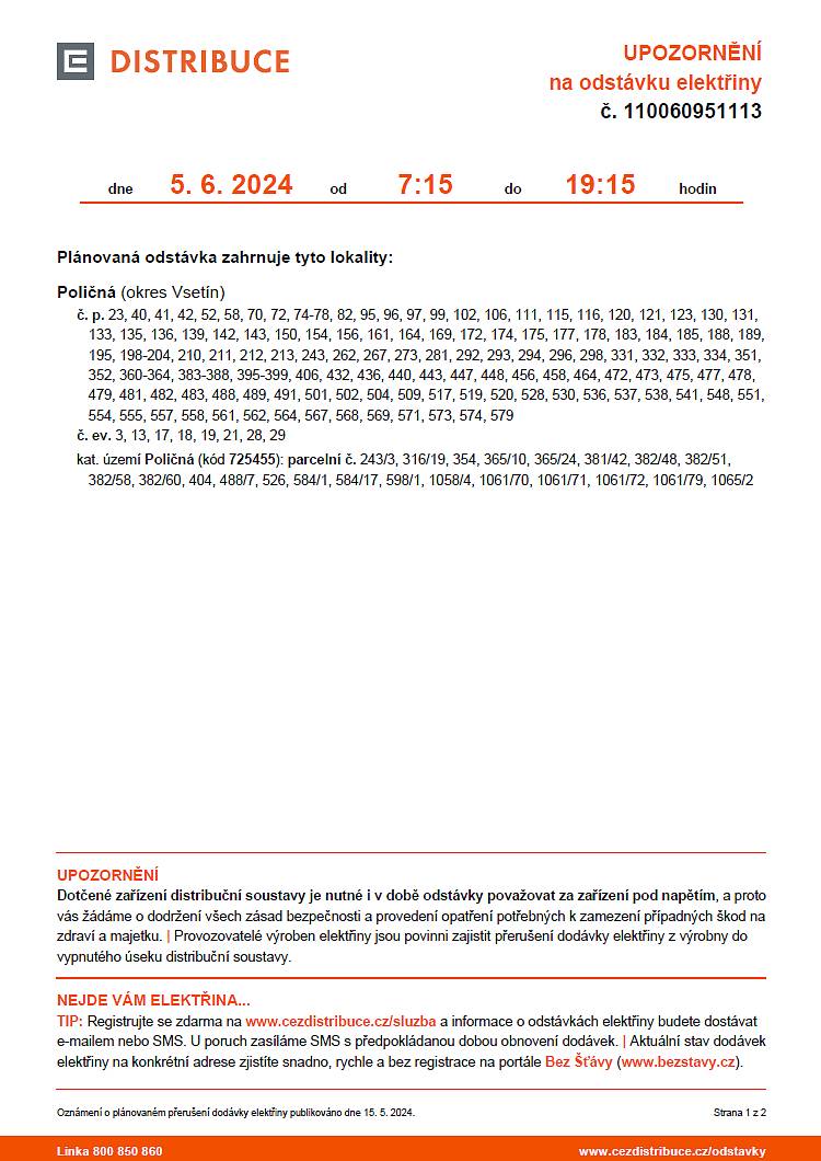 Odstávka el. energie dne 5. 6. 2024 (7:15-19:15 hod.), dotčené lokality viz. leták. /také na FB a www.policna.cz
