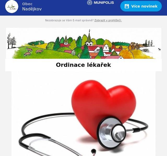 Vážení občané,
MUDr. Blanka Vlčková nebude ordinovat v době od 5. do 12. září 2024. Ordinace bude úplně uzavřena.
Pěkný den přeje
Obec Nadějkov
